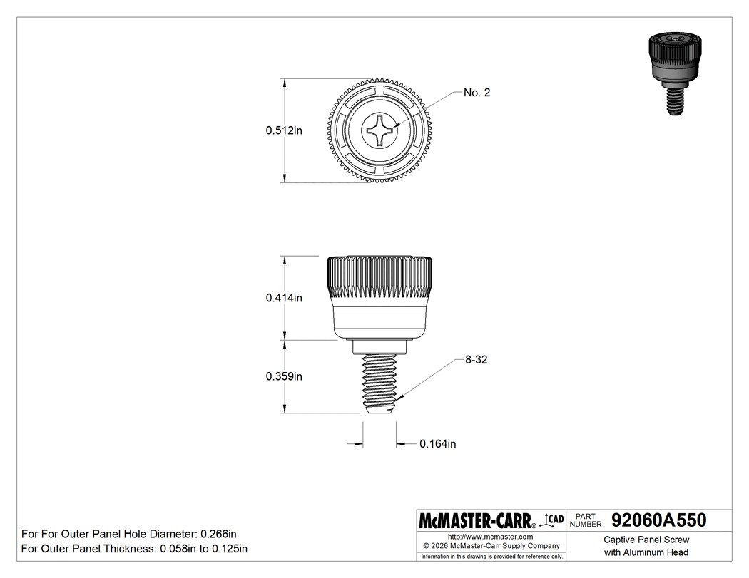 Technical Drawing of Captive Panel Screw with Aluminum Head, Flare-in, Aluminum, 8-32 Thread, for 0.058"-0.125" Thickness .